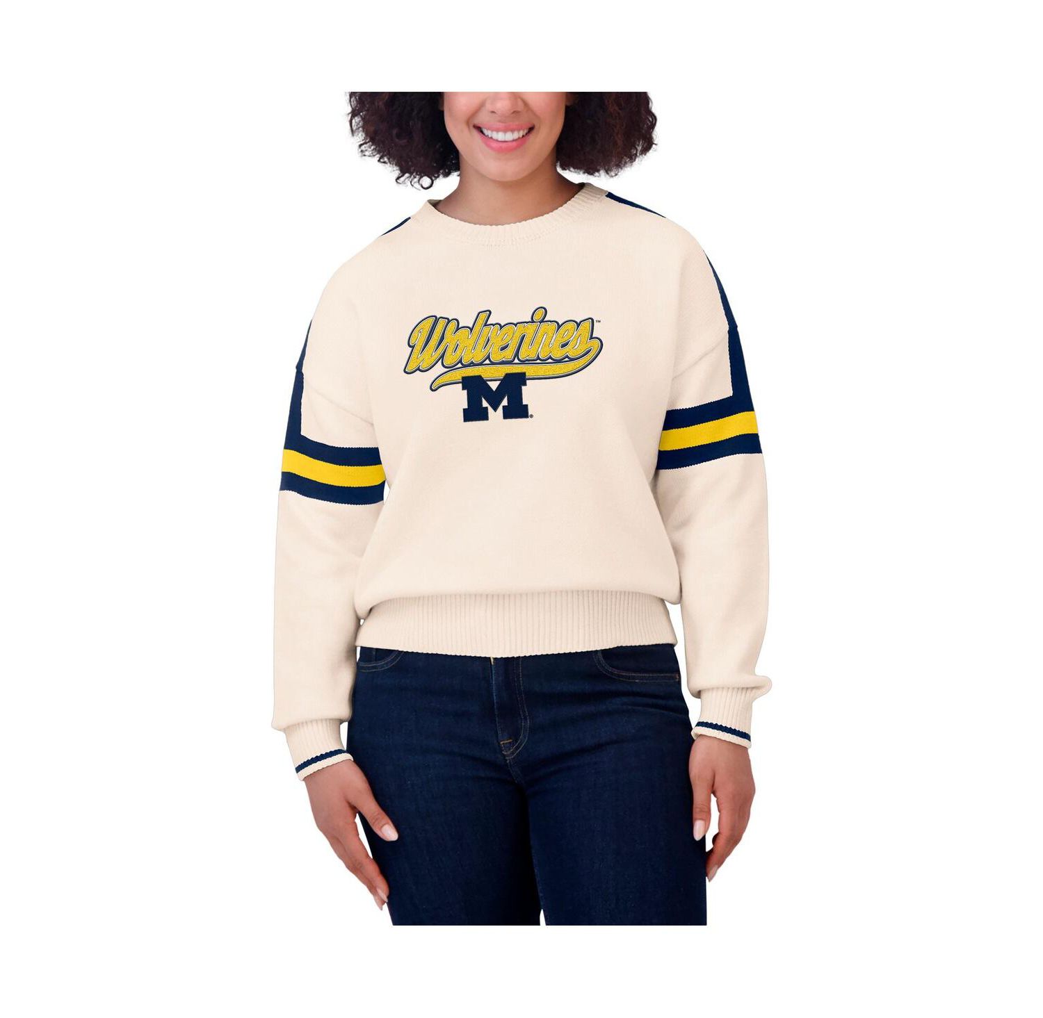 Women's Cream Michigan Wolverines Chenille Woven Patch Stripe Pullover Sweatshirt