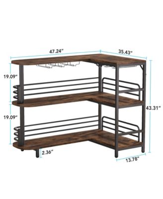 3 Tier Liquor Bar Table with Storage Shelves and Wine Glasses Holder,L-Shaped Home Bar Unit
