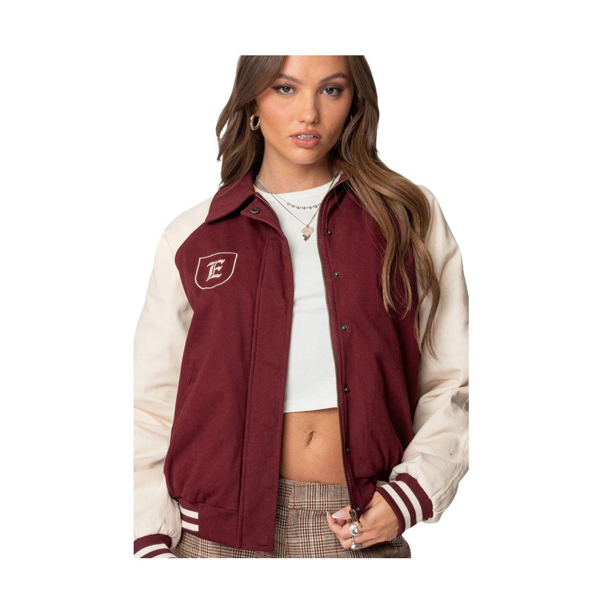 Womens Varsity Oversized Bomber Jacket - Burgundy