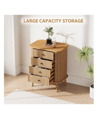 4-drawer, wood & wicker, dresser with matte black handles and legs – spacious boho nightstand for bedroom, hallway, or living room.