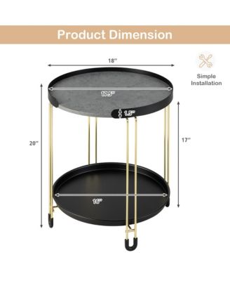 2-Tier Side End Table Round Nightstand Gold Frame for Living Room Bedroom