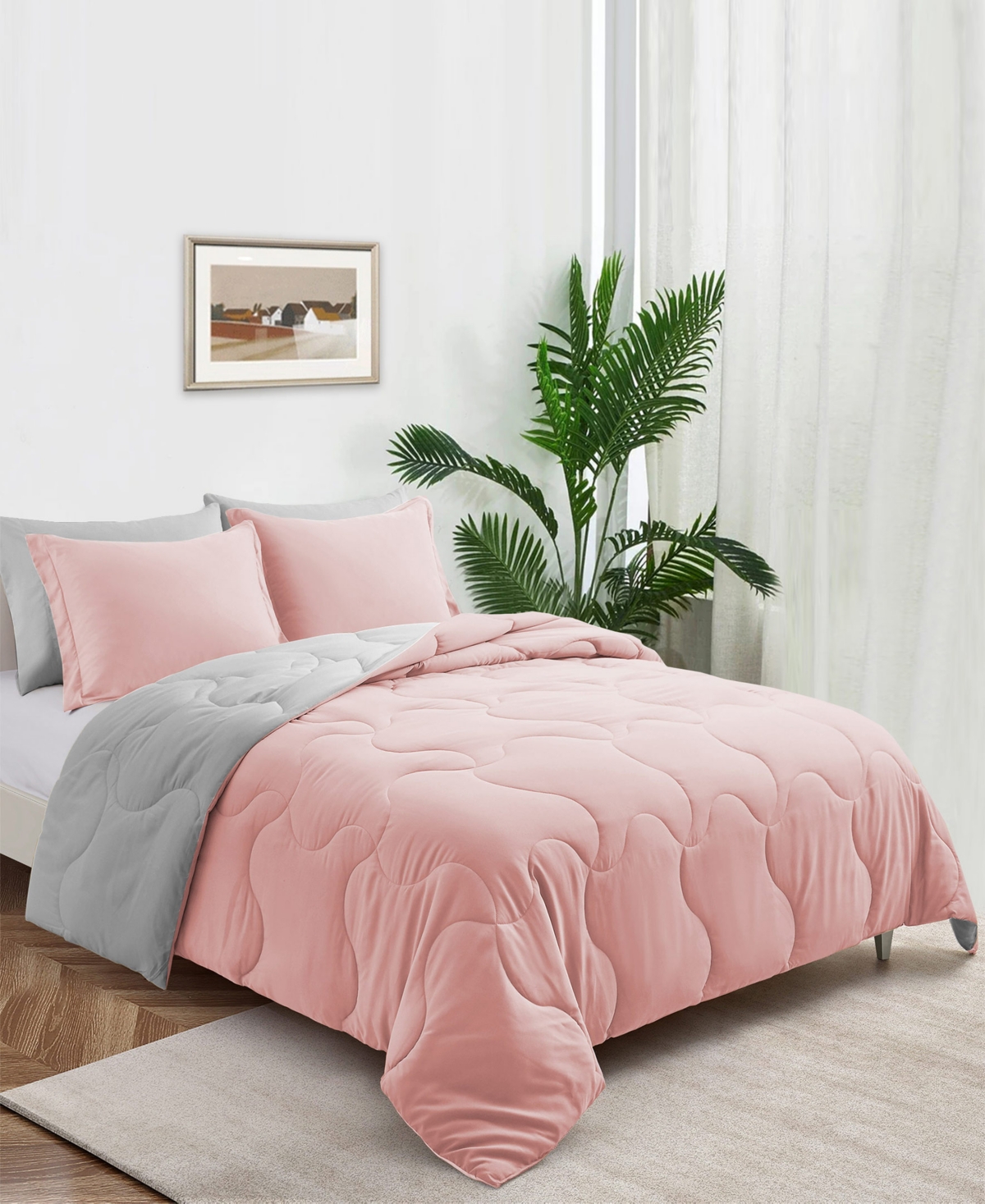 Unikome Lightweight Quilted Reversible Down Alternative Comforter Set, 3 Piece, King In Pink,light Gray