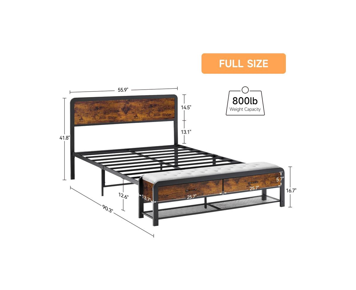gaomon Size Metal Bed Frame with Rounded Corners, Platform Frame with Storage Bench, Double Bed Frame for Bedroom, No Box Spring Required - Brow