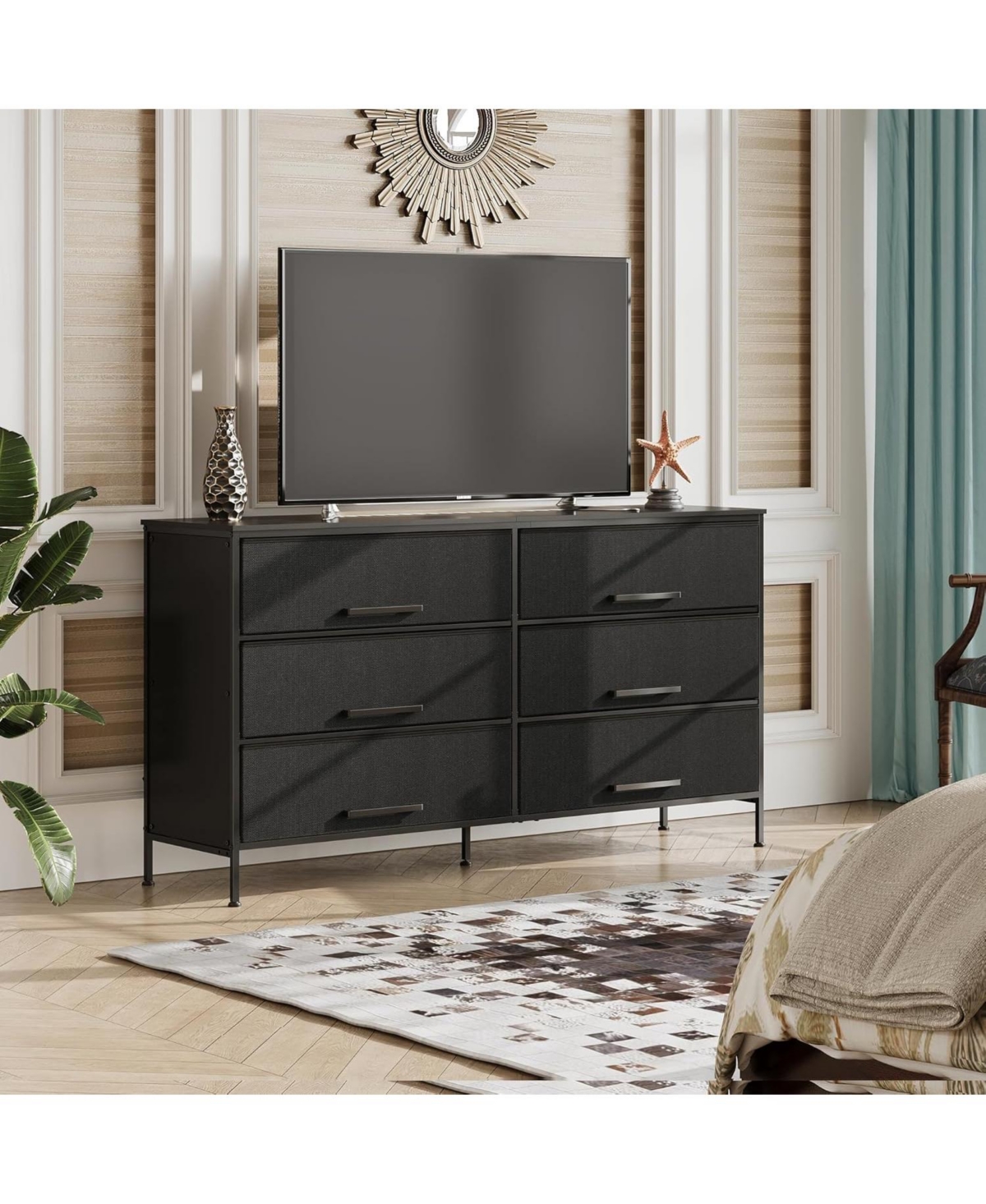 Wlive Wide Fabric Dresser 6 Drawer Dresser Tv Stand for Tv Dressers Bedroom Furniture Large Storage Tower Unit with Fabric Bins Dresser for Bedroo