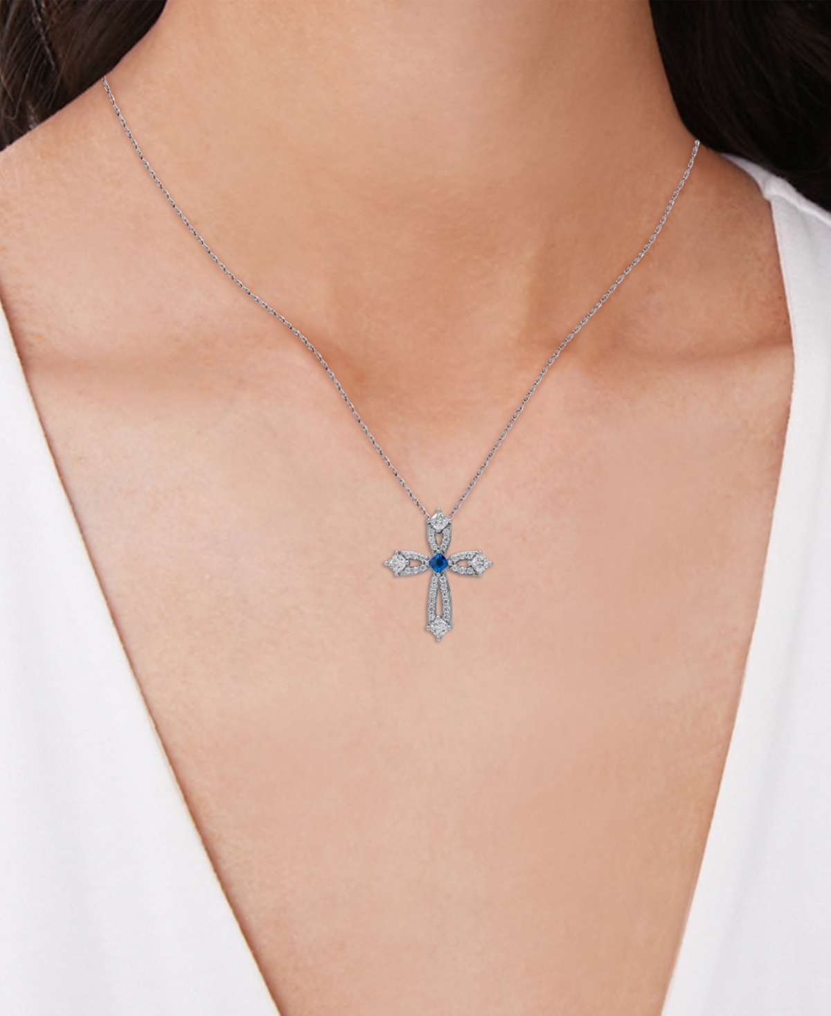 Macy's Blue Spinel (1/20 Ct. T.w.) & Lab Grown White Sapphire (1-1/3 Ct. T.w.) Open Cross 18" Pendant Neckl In Silver