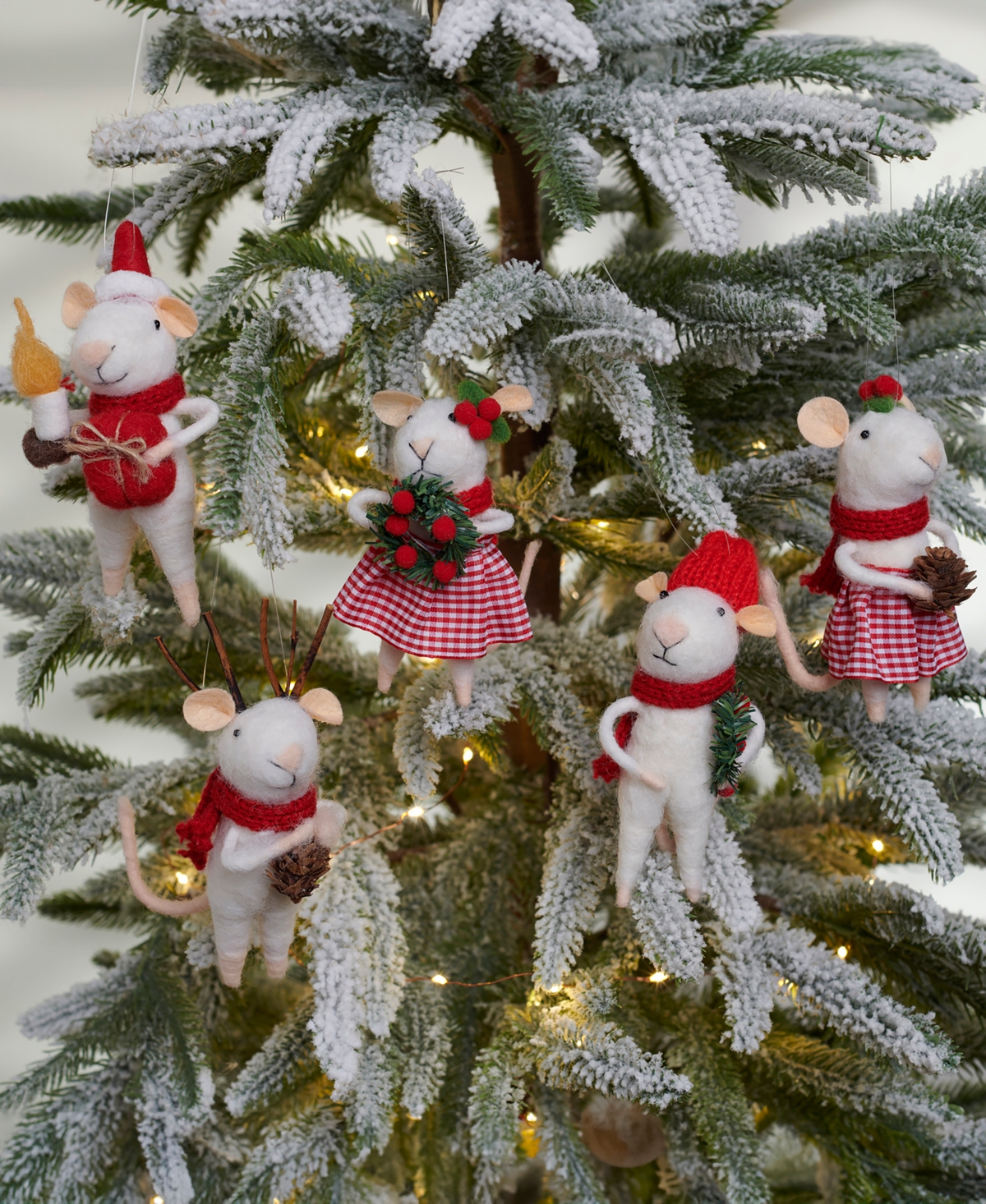 Primitives By Kathy Set Of 5 Hanging Felt Christmas Mice Figurines In Red,white