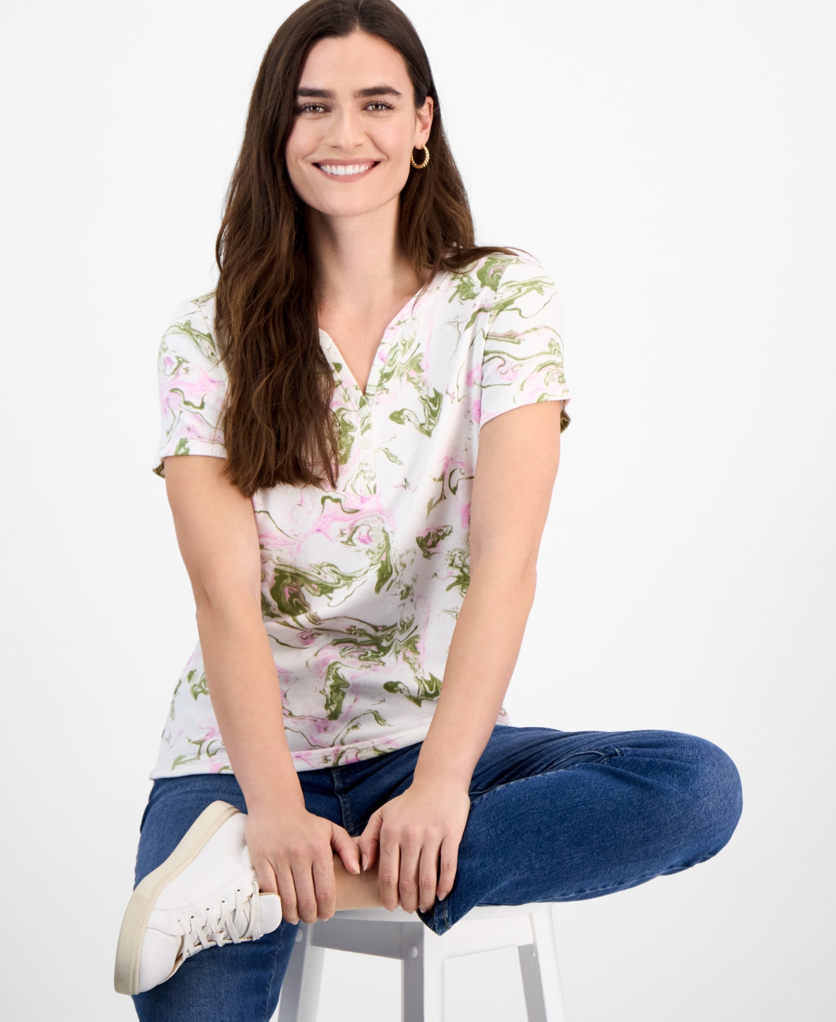 Women's Printed Short-Sleeve Henley T-Shirt, Exclusively at Macy's - Sunbleach Night