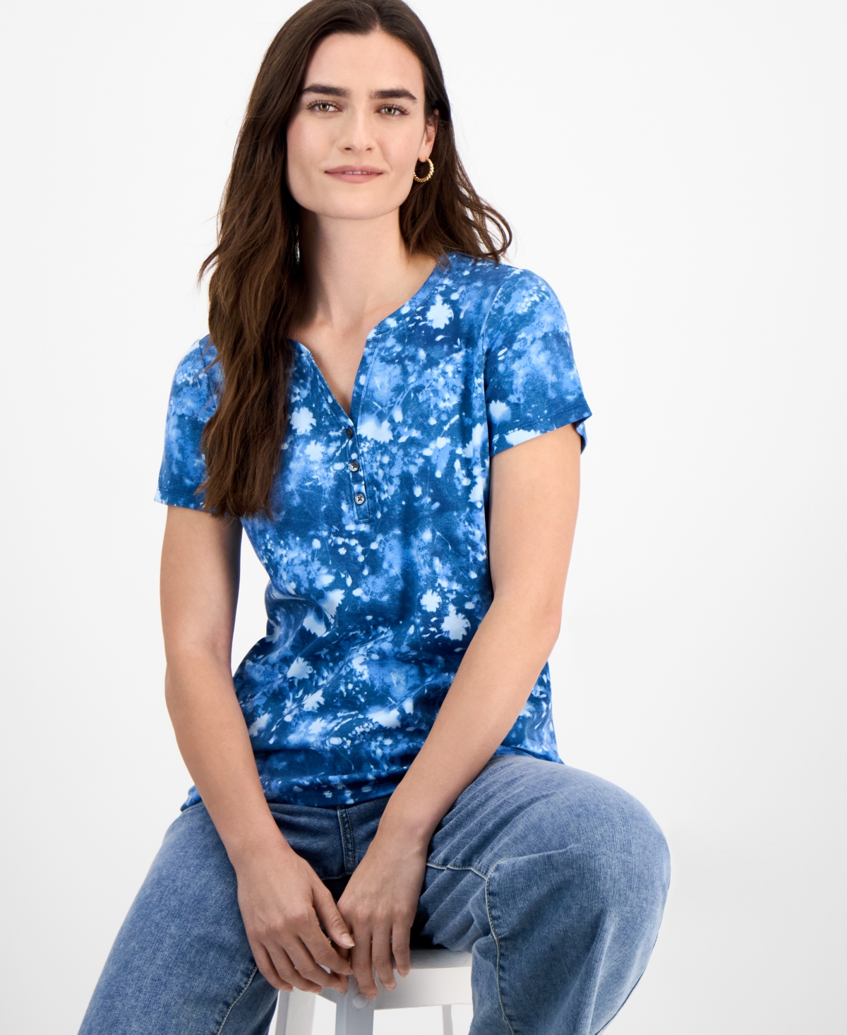 Style & Co Women's Printed Short-sleeve Henley T-shirt, Exclusively At Macy's In Sunbleach Night