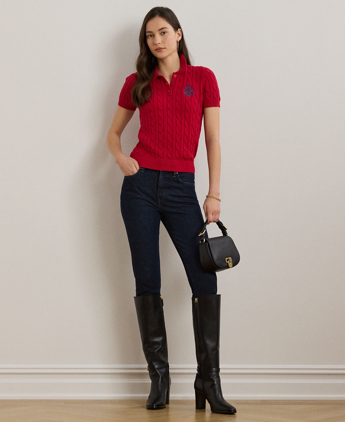 Lauren Ralph Lauren Petite Anchor-Logo Cable-Knit Polo Sweater