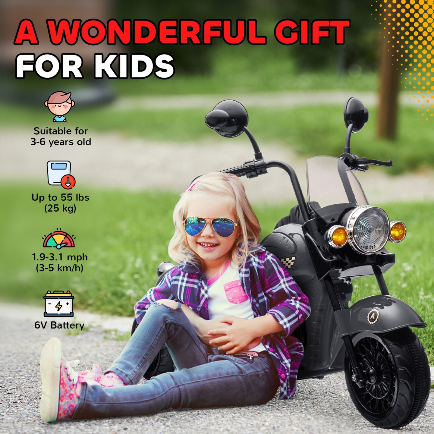 Детская игрушка Qaba 6V Three-Wheel Electric Motorcycle Ride-On with Headlights and Music, 55 lbs Capacity, Ages 3+, цвет: Серый — фото 8