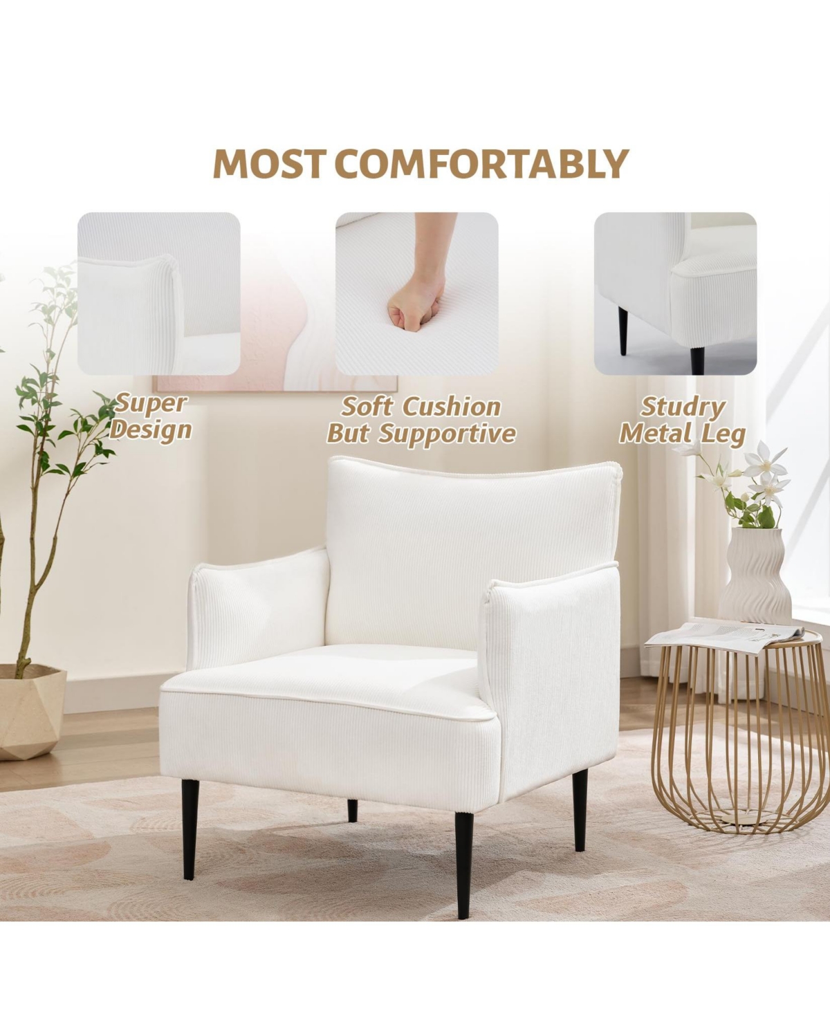 gaomon Modern Accent Chair, Corduroy Chair for Living Room, Comfortable Armchair for Bedroom, Reading, Waiting Rooms, and Office Study