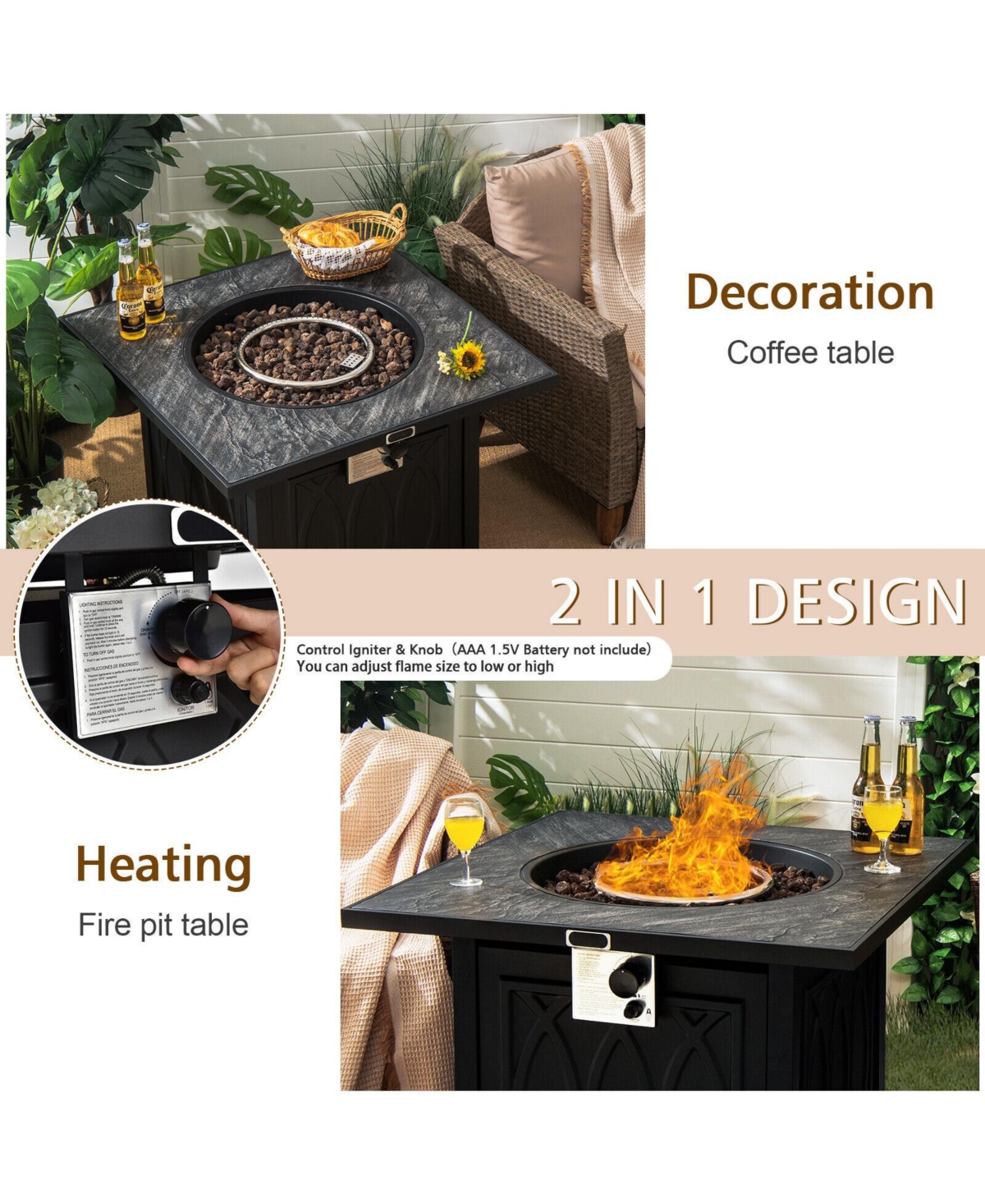 Givimo Propane Fire Pit Table Square Tabletop with Lava Rocks Cover 50000 Btu