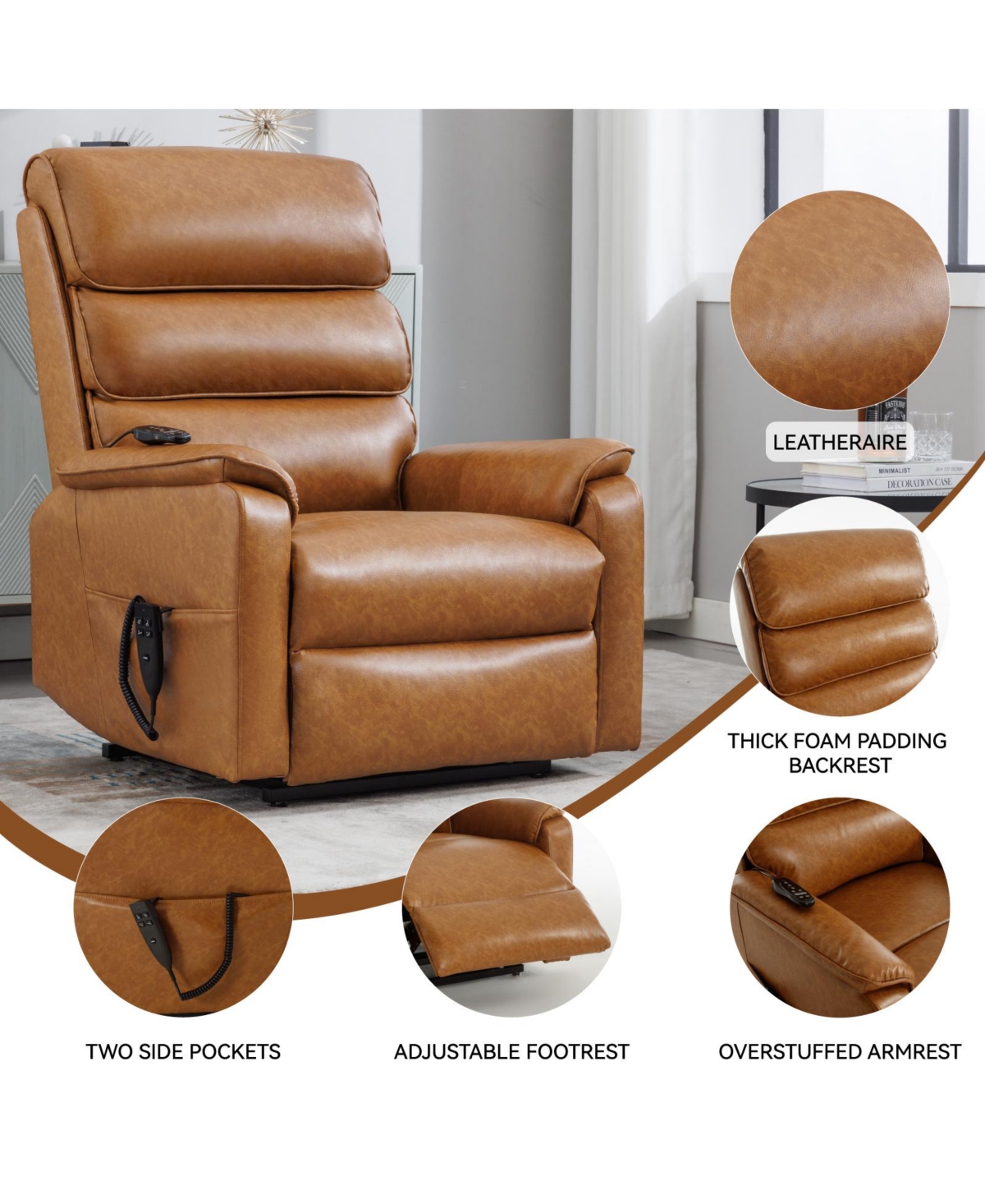 Streamdale Furniture Brown Leatheraire Dual Motor Infinite Position Up to 350 Lbs Power Lift Recliner Chair with Power-Remote, Heat Massage and Heavy