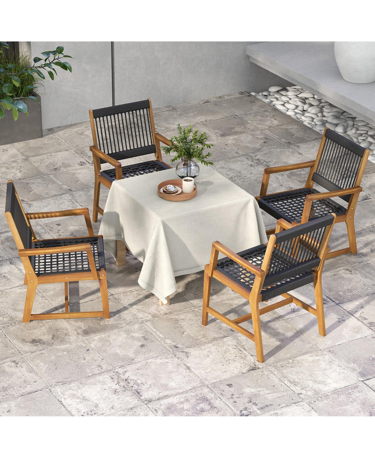 Gymax Patio 4PCS Acacia Wood Dining Chairs All-Weather Rope Woven Armchairs Outdoor - Black+natural