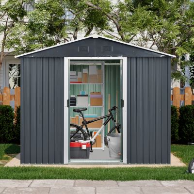 8ft x 4ft Outdoor Metal Storage Shed with Sliding Door and foundation for Backyard, Patio, Lawn (Black and White