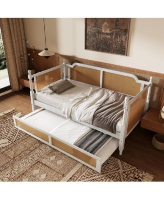 Antique White Rattan Twin Daybed with Trundle