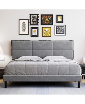 Bed Frame, King Bed Frame Upholstered Platform with Square Velvet Headboard