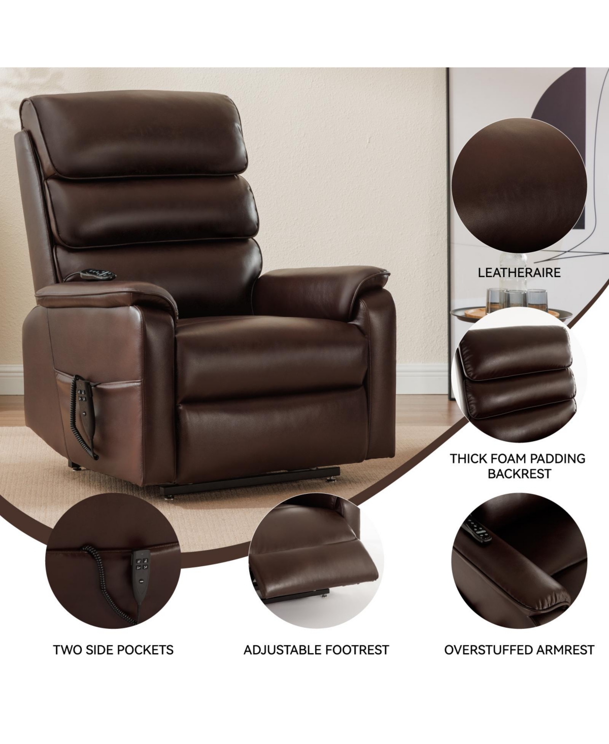 Brown Leatheraire Dual Motor Infinite Position Up to 350 Lbs Power Lift Recliner Chair with Power-Remote, Heat Massage and Heavy Duty Motion Mechanism