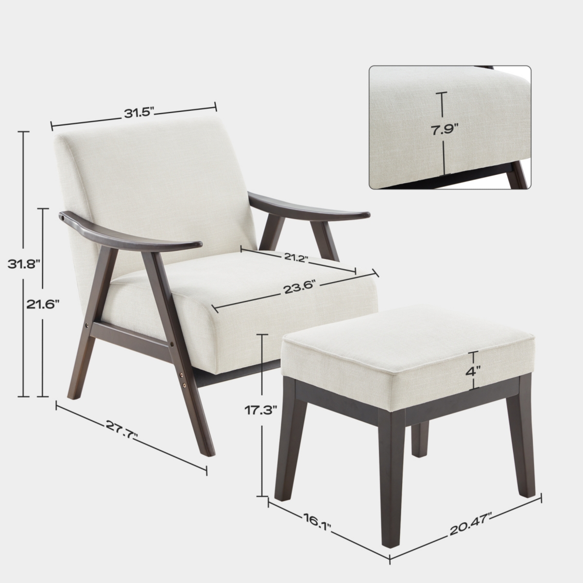 Streamdale Furniture Accent Chair with Ottoman, Upholstered Mid Century Chair and Footrest, Solid Wood Arm Chair, Living Room Chairs and Ottoman Set