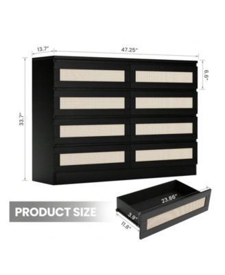 8 Drawer Double Dresser For Bedroom, Rattan Chest Of Dressers, Modern Wooden Dresser Chest