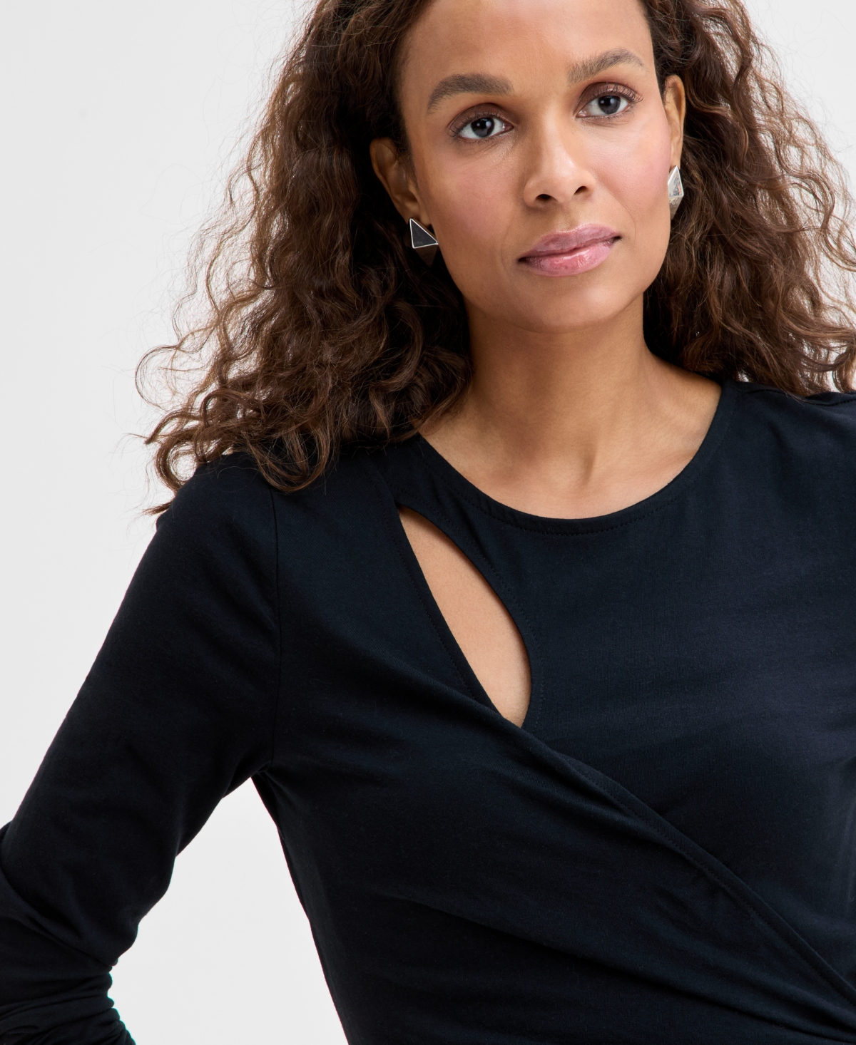 Inc International Concepts Women's Cotton Long Sleeve Faux-wrap Top, Exclusively At Macy's In Deep Black