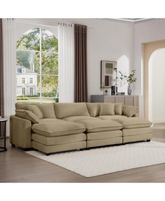 Oversized Modular Cushion Sofa, Portable Ottoman, L-Shaped Corner Low Back Deep Seating Spacious Sofa Setfor Home Apartment Living Room Set, Tan Corduroy