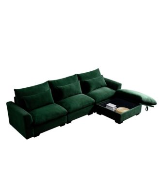 Corduroy Sectional Sofa, L Shaped Couch with Storage Footstool and 3 Pillow, Sectional Couch for Living Room Apartment, Green