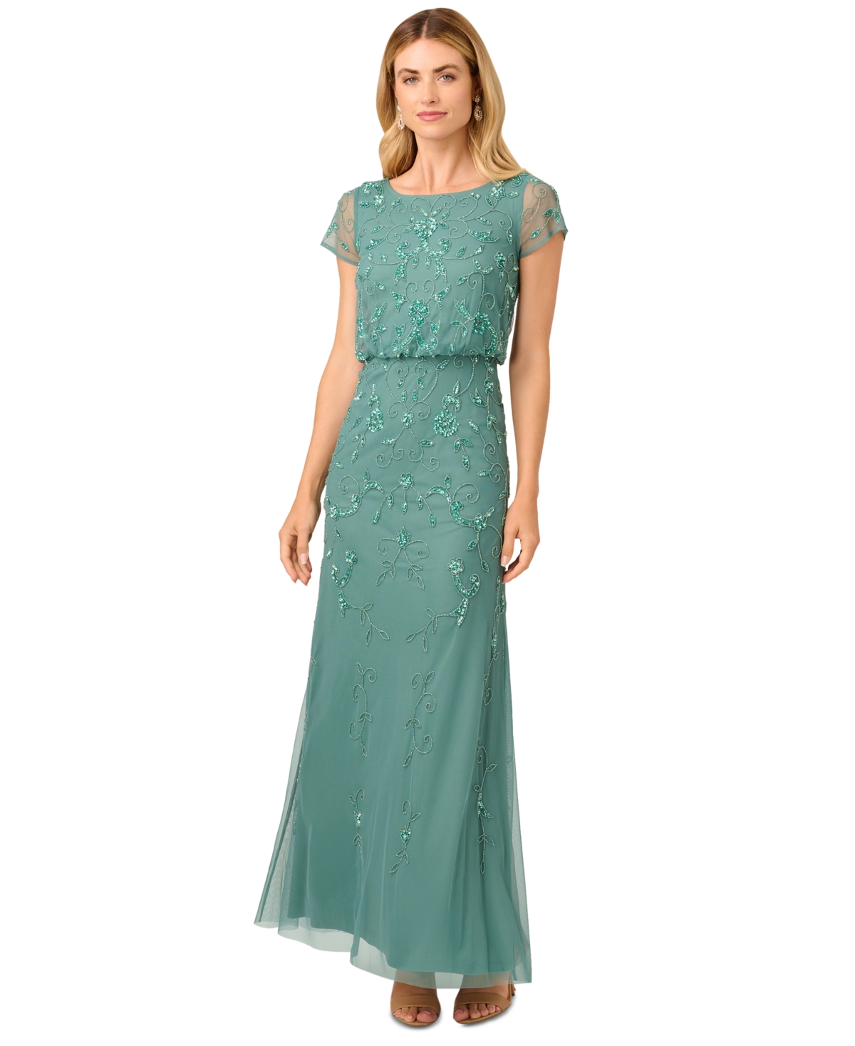 Shop Adrianna Papell Women's Boat-neck Short-sleeve Beaded Blouson Gown In Green Slate
