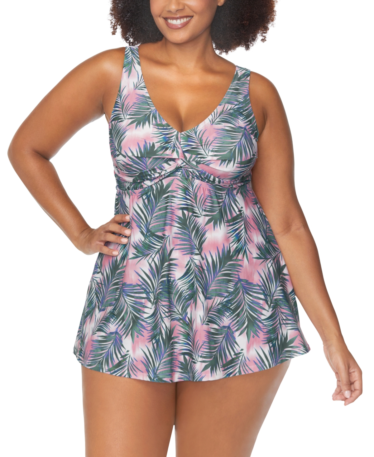 Raisins Curve Trendy Plus Size Lucia Printed Twist-front Swimdress In Multi