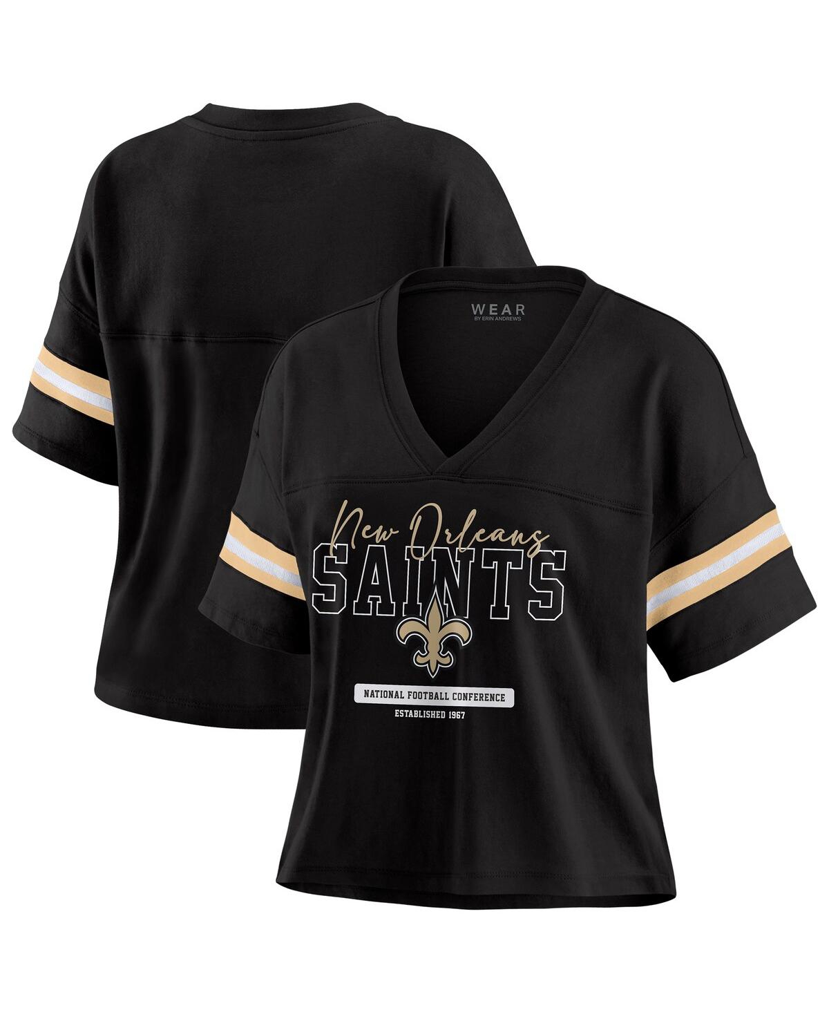 Women's Black New Orleans Saints Color Block Boxy Modest Crop V-neck T-shirt - Black