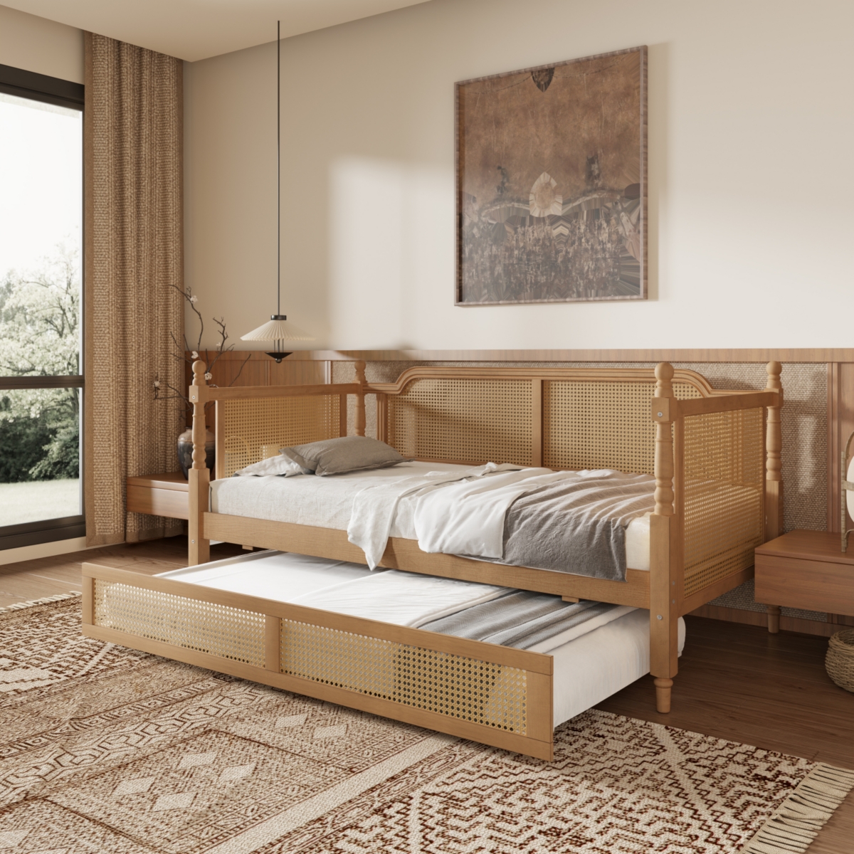 Streamdale Furniture Traditional Style Rattan Full Size Daybed with Full Size Trundle for Limited Space, Guest Room, No Box Spring Needed,Antique Waln