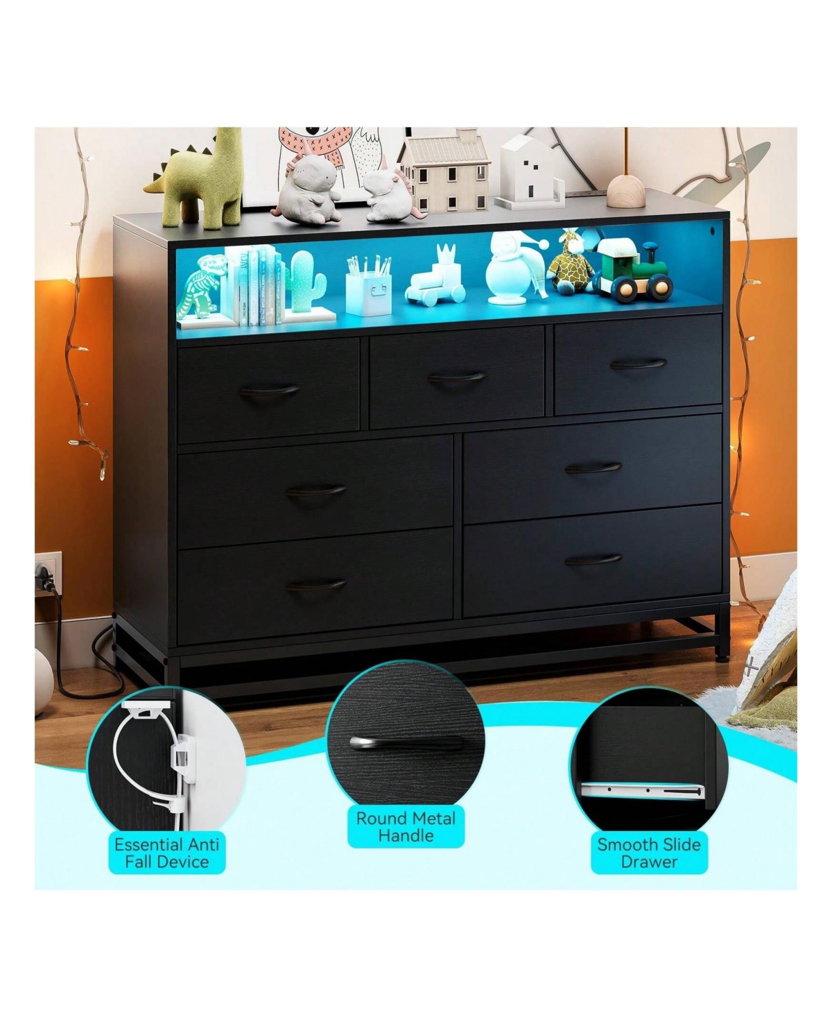 gaomon White Dresser For Bedroom, Modern 7 Drawers Long Dresser With Charging Station And Led Lights Design