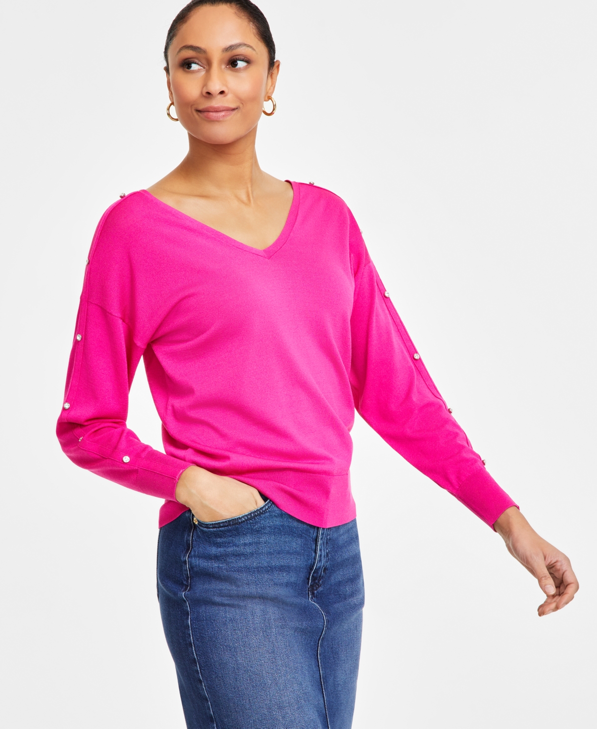 Inc International Concepts Women's Double V-neck Rhinestone-sleeve Top, Exclusively At Macy's