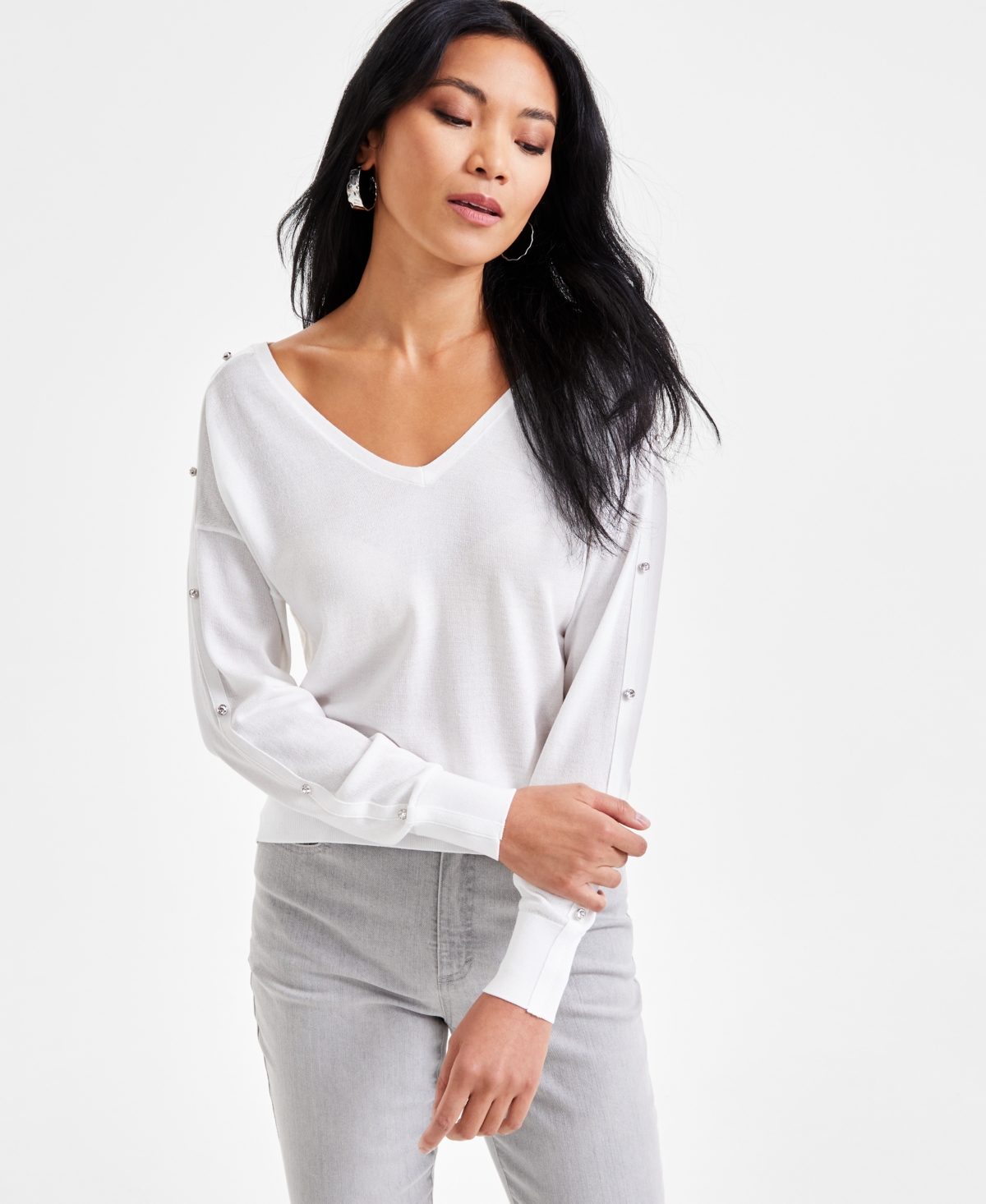 Inc International Concepts Women's Double V-neck Rhinestone-sleeve Top, Exclusively At Macy's