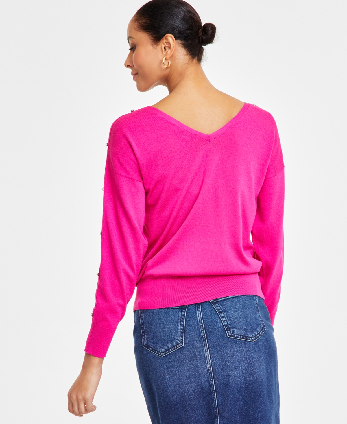 Inc International Concepts Women's Double V-neck Rhinestone-sleeve Top, Exclusively At Macy's
