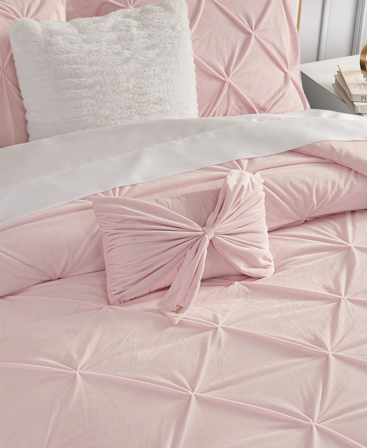Juicy Couture Velvet Bow Decorative Pillow, 10" X 18" In Marshmallow Pink