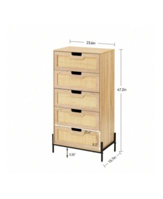 5-drawer, rattan & wood, double dresser with modern design – closet organizer for bedroom, living room, hallway, or office
