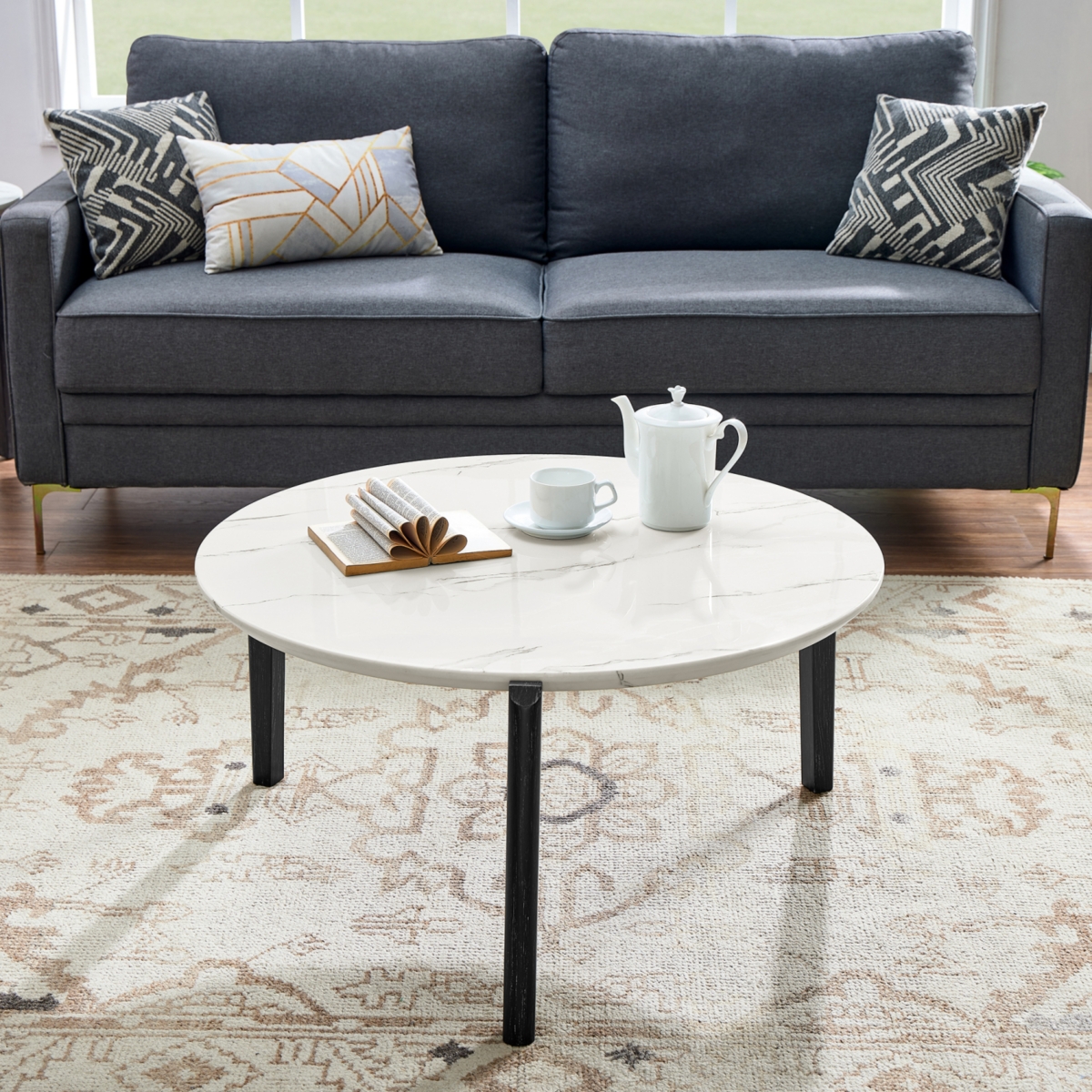 Streamdale Furniture Living Room Coffee Table: Modern and stylish 36 inch round small coffee table, imitation marble tabletop with rubber wood solid w