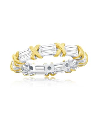 Suzy Levian Sterling Silver Baguette Cubic Zirconia Yellow Gold X Eternity Band