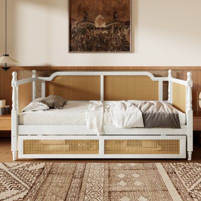 Traditional Style Rattan Twin Size Daybed with 2 Drawers for Limited Space, Guest Room, No Box Spring Needed