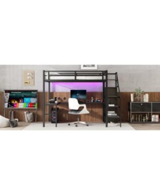 Streamdale Full XL Loft Bed with L-Shaped Desk, Wardrobe, and LED