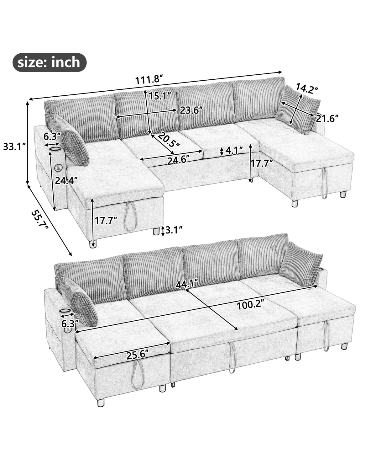 Streamdale Furniture 111.8" Sectional Sofa Pull-out Sofa Bed Versatile Sofa Sleeper with Large Storage Space, Two Usb Ports and Two Cup Holders for Li