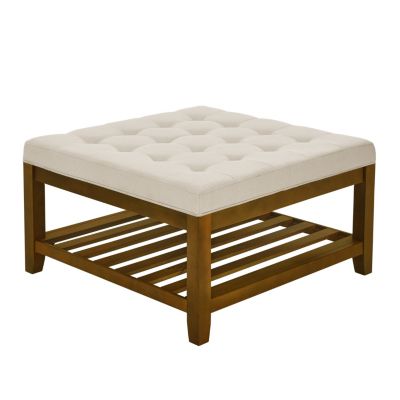Tufted Linen Ottoman with Wood Shelf and Frame