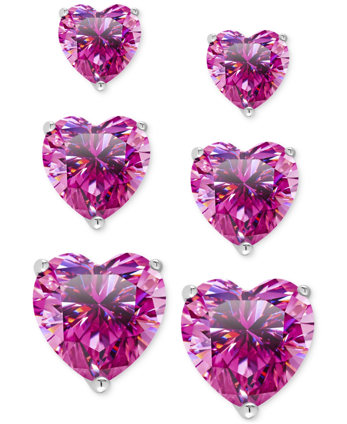 Macy's 3-pc. Set Lab Grown Pink Sapphire Heart Stud Earrings (2-1/5 Ct. T.w.) In Sterling Silver In Silver