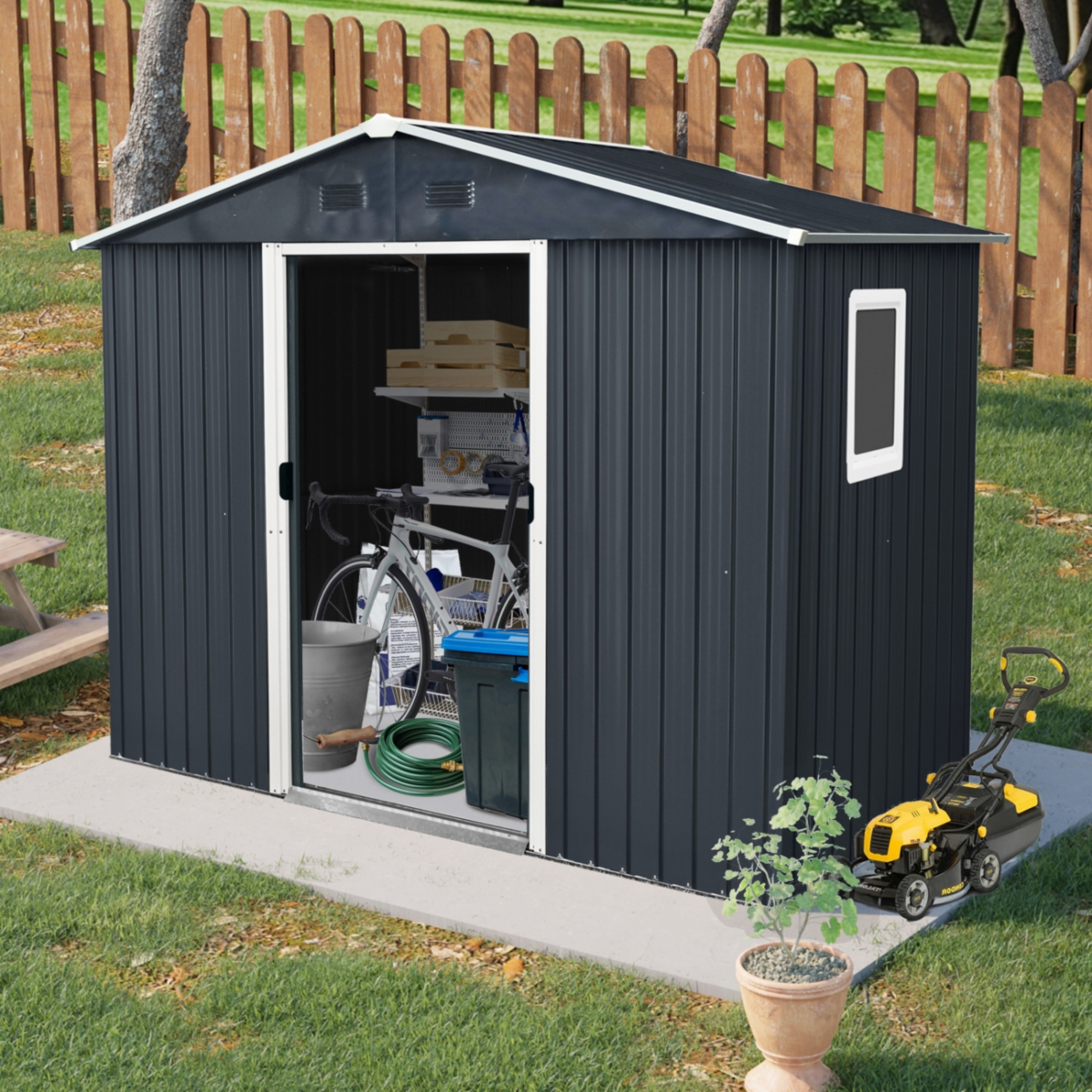 8ft x 4ft Outdoor Metal Storage Shed with Window and Metal Foundation for Backyard, Patio, Lawn (Black and White) - Black white
