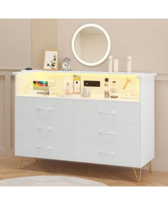 Dresser For Bedroom With Led Light & Charging Station, 6 Wooden Drawers Dressers With 2-Tier Open Shelves, Modern Chest Of Double Wide Drawers For Living Room, Entryway, Hallway TV Stand
