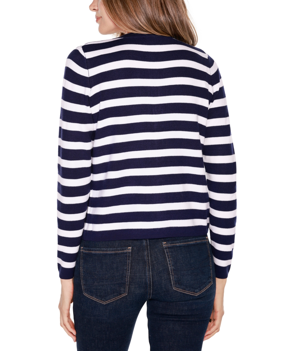 Belldini Women's Black Label Nautical Stripe Open-front Cardigan Sweater In Twilight Blue,gold