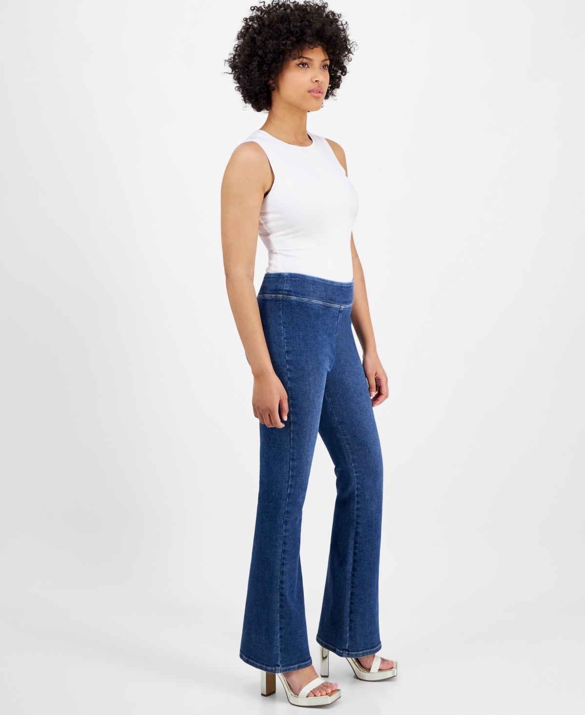 DKNY JEANS PETITE FLARED-LEG HIGH RISE PULL-ON JEANS 