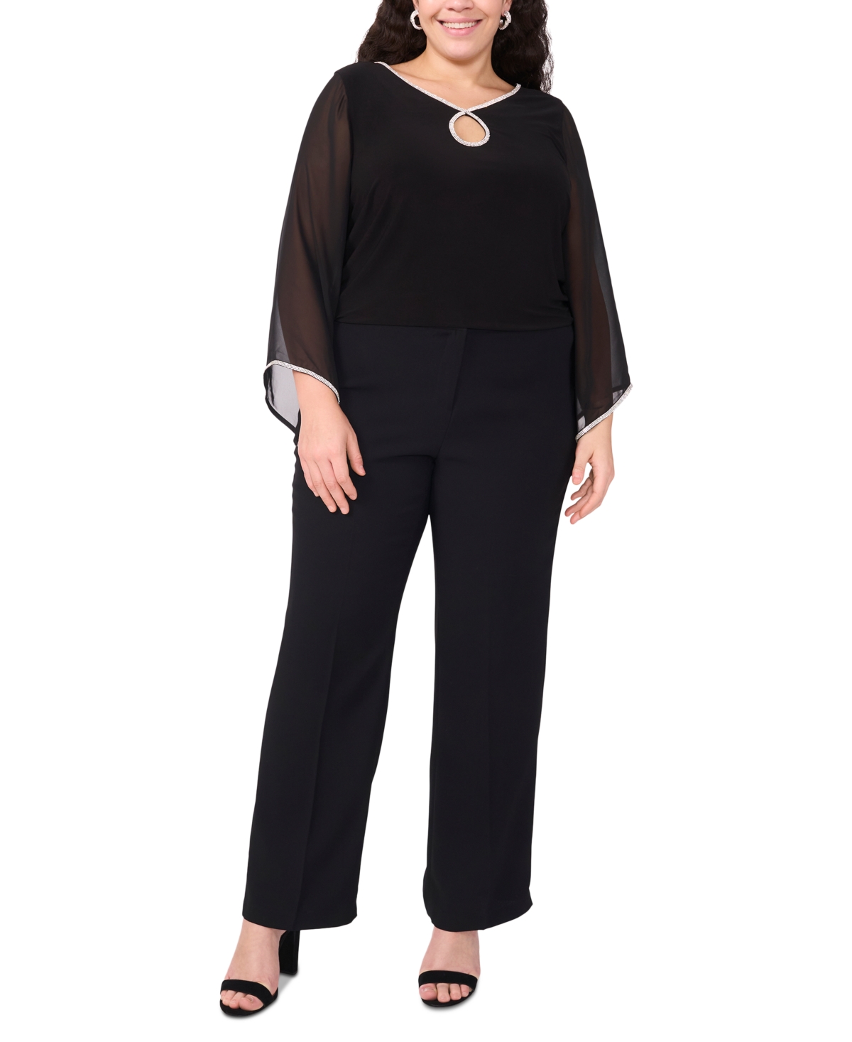 Msk Plus Size Long-Sleeve Rhinestone-Trim Keyhole-Neck Top