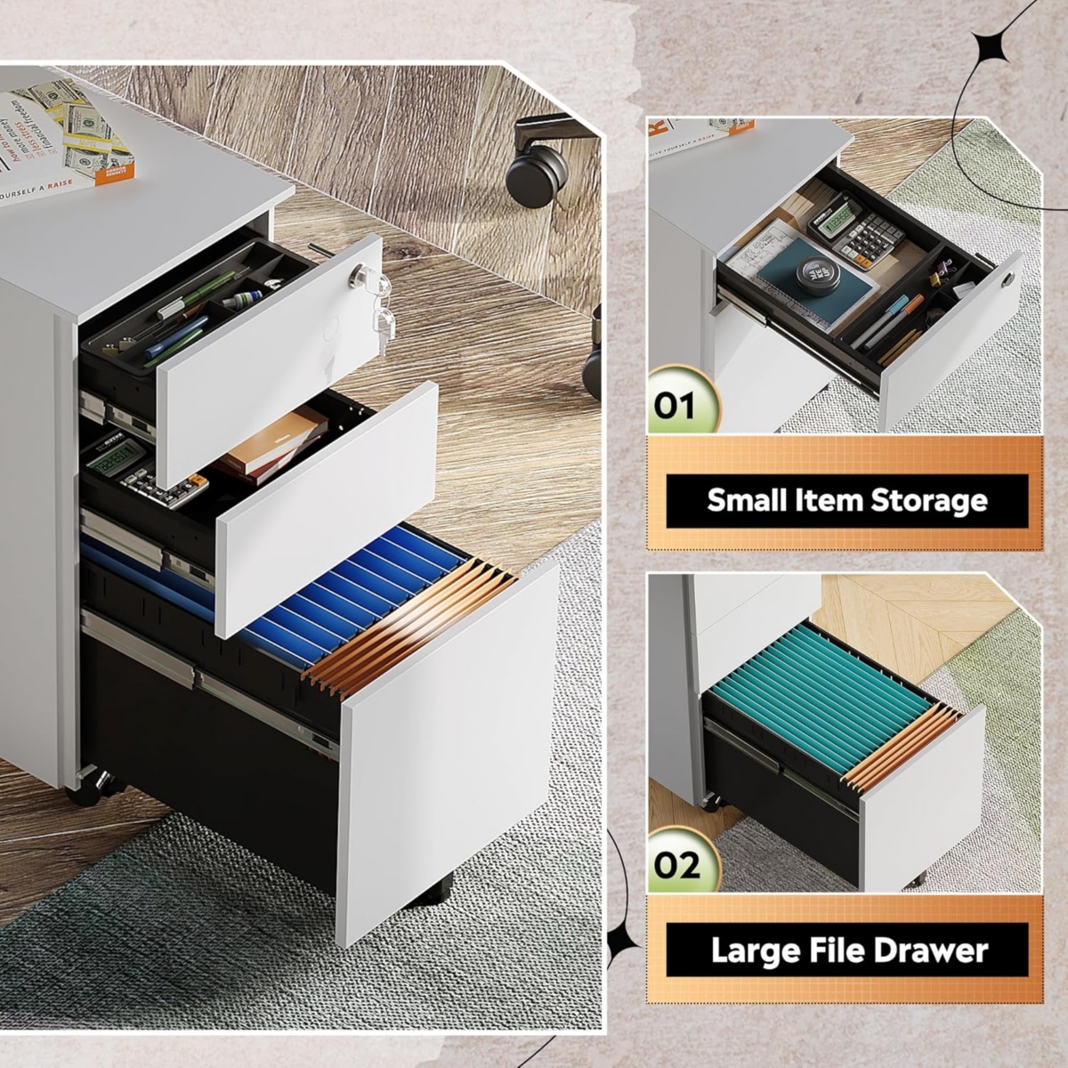 Devaise 3 Drawer Vertical File Cabinet, Mobile Filing Cabinet with Slim Width for Home Office